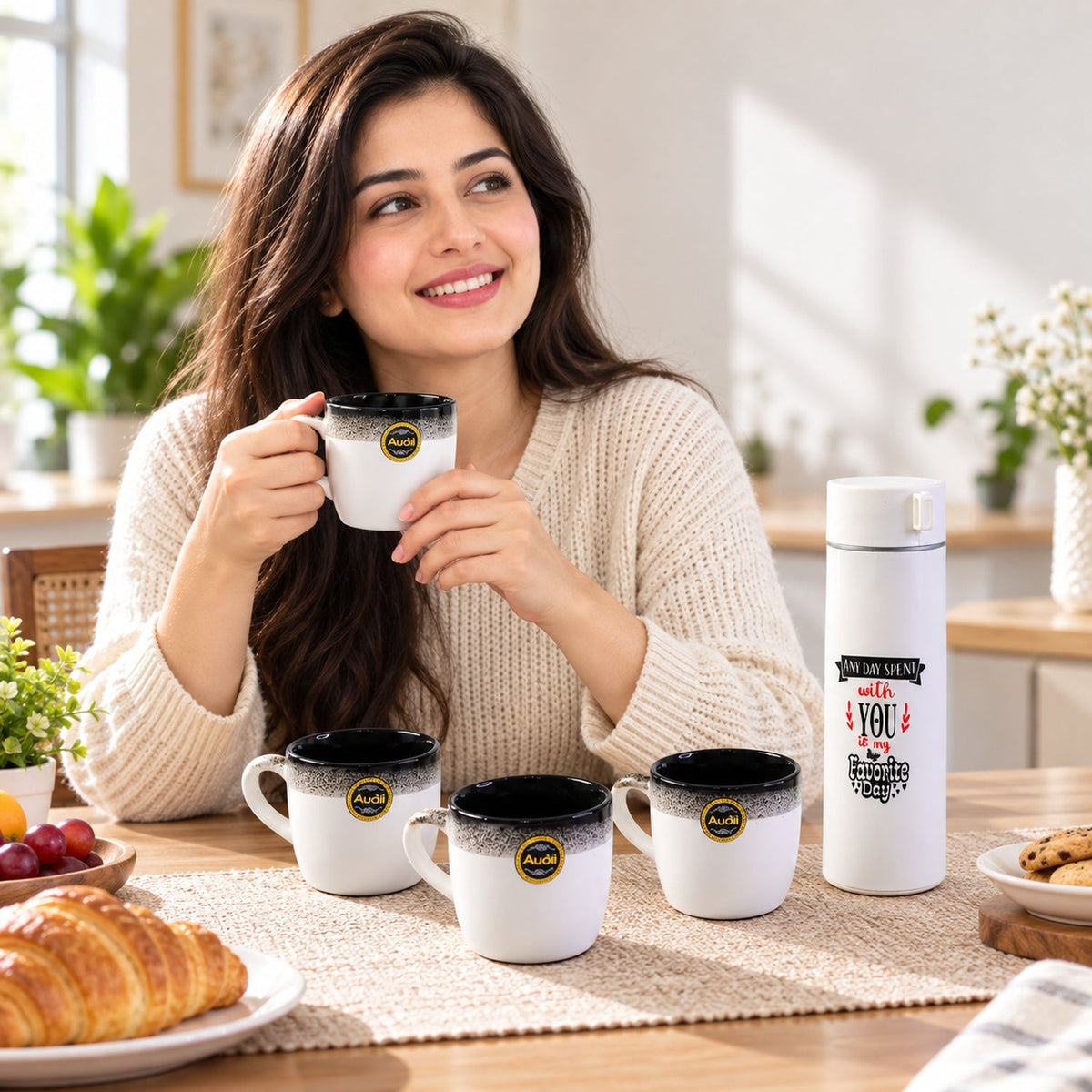 Bottle And Mug Gift Set 1 Flask Bottle With 4 Tea Coffee Mugs (5 Pc Set)