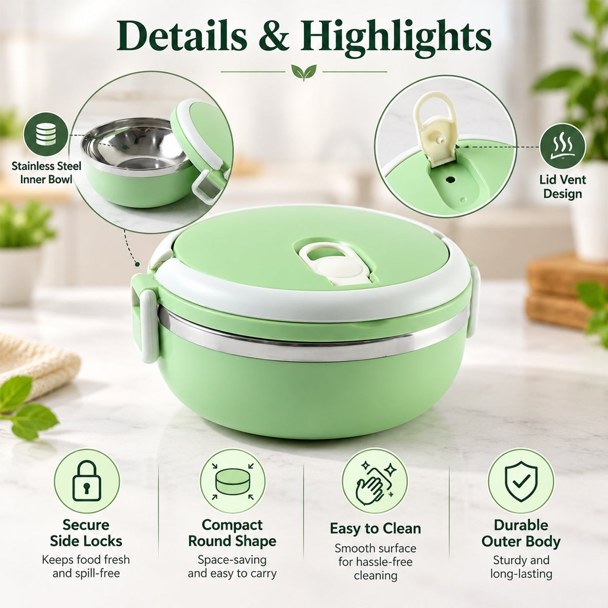 Single Layer Stainless Steel Inner Lunch Box With Carry Handle (700 Ml)