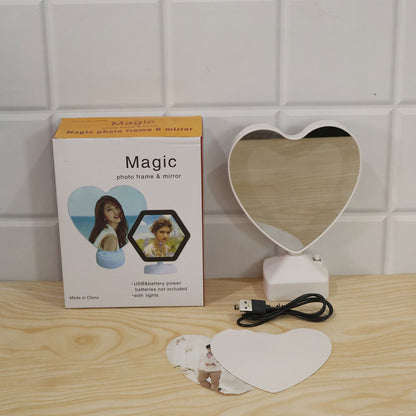 Heart Shape Led Mirror Photo Frame With Warm Light For Tabletop Home Decor