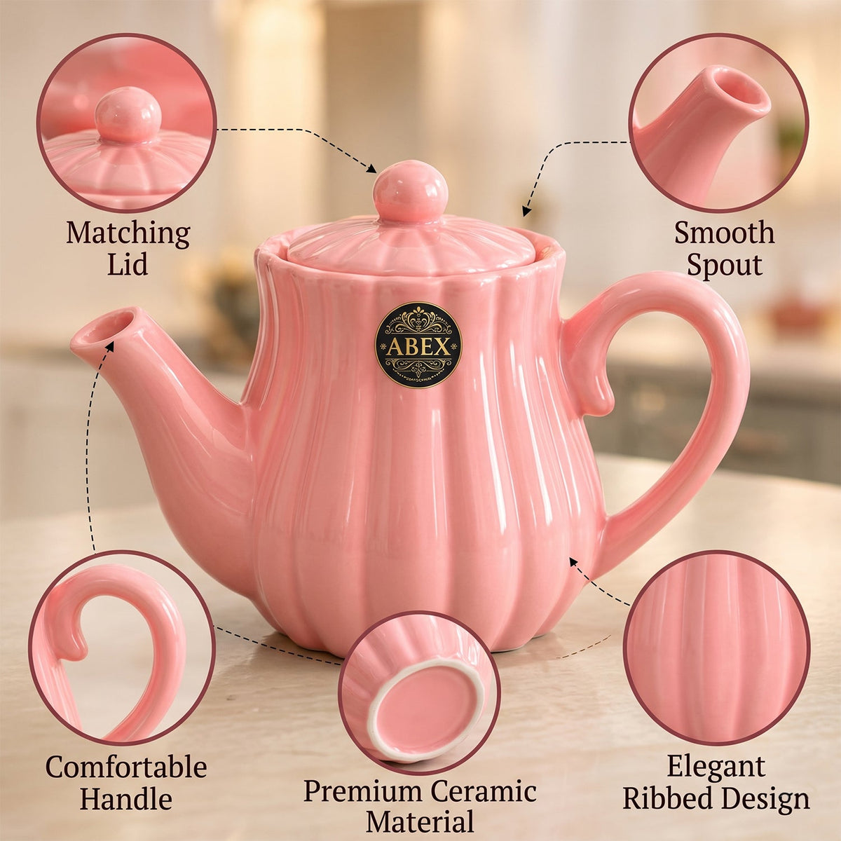 Ribbed Ceramic Tea Set With Teapot  4 Cups For Serving And Gifting (1 Set)