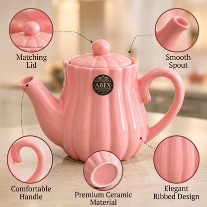 Ribbed Ceramic Tea Set With Teapot  4 Cups For Serving And Gifting (1 Set)
