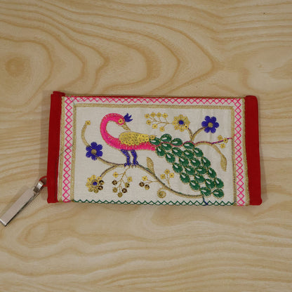Traditional Peacock Embroidered Clutch Wallet Purse With Zip (1 Pc 11x20 Cm)
