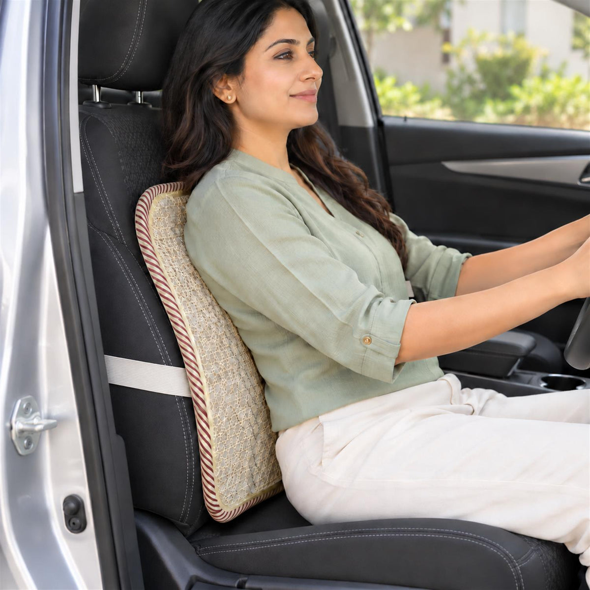 Car Seat Mesh Back Support With Curved Frame  Elastic Strap Backrest (1 Pc)
