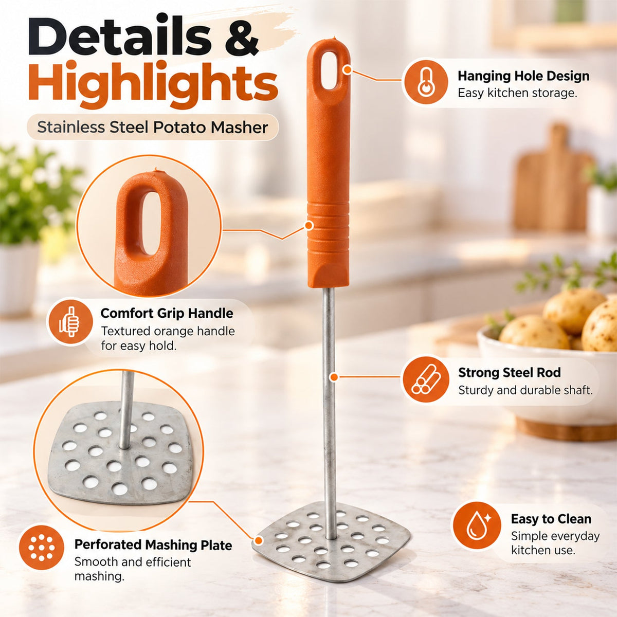 Stainless Steel Potato Masher With Plastic Handle For Pav Bhaji And Vegetables (1 Pc)