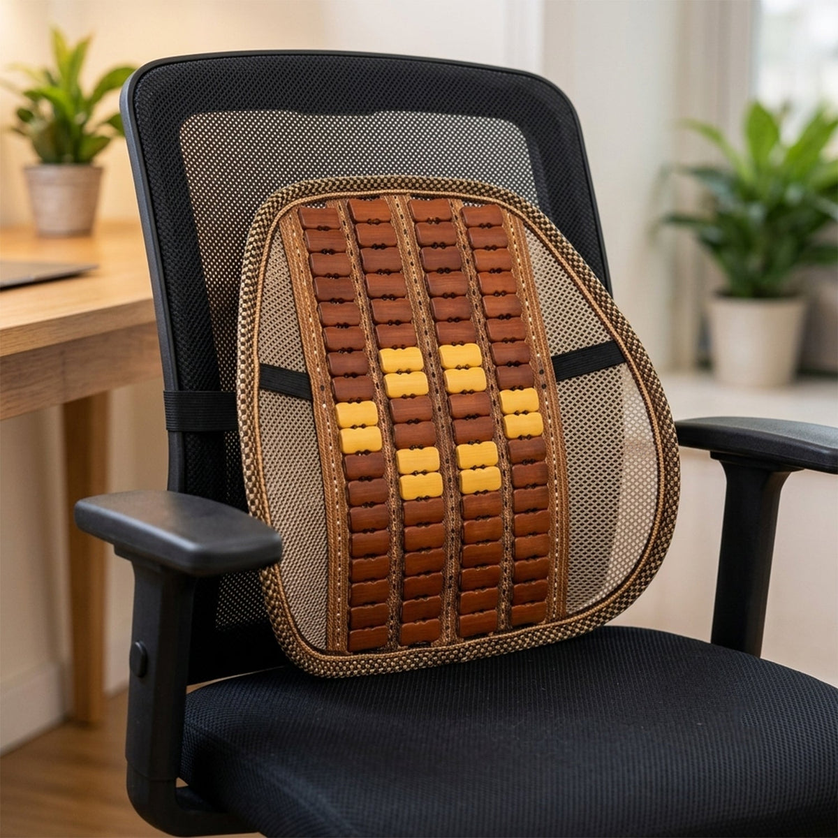 Car Seat Mesh Back Support With Wooden Bead Panel For Office Chairs (1 Pc)