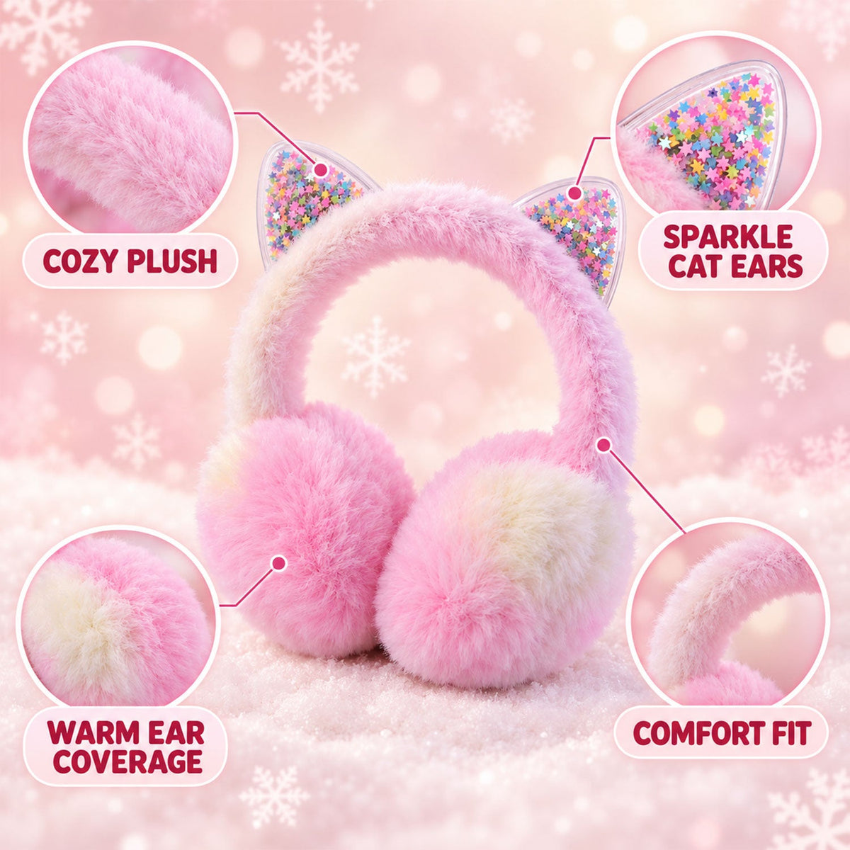 Winter Warm Plush Ear Muffs With Sparkling Cat Ears And Soft Pads (1 Pc)