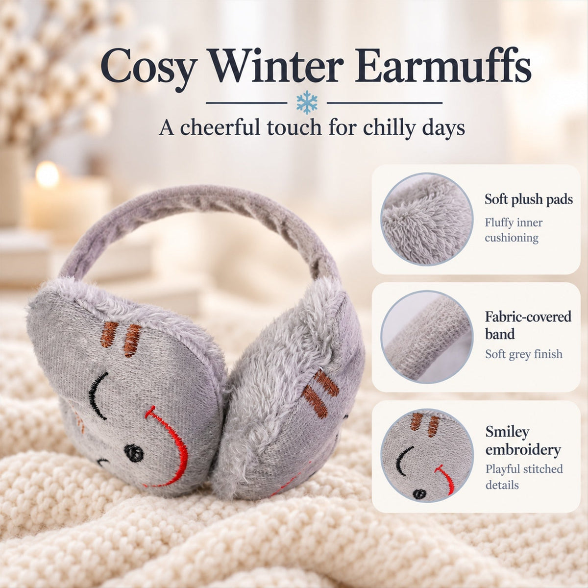 Smiley Plush Winter Warm Ear Muffs For Everyday Cold Weather Wear (1 Pc)
