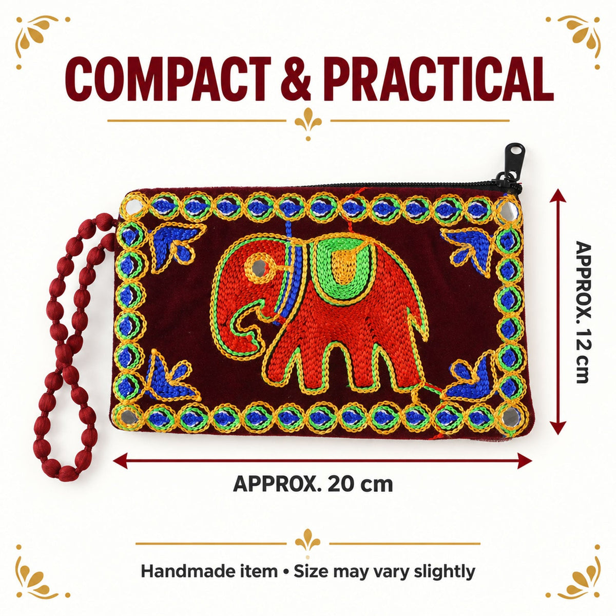Elephant Embroidered Clutch Wallet Purse With Wrist Loop (1 Pc 12x20 Cm)